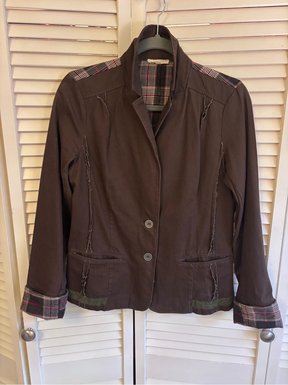 Mystree Chocolate Brown Blazer with Plaid Trim